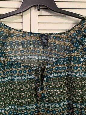 Faded Glory Teal and Olive Print Tie-Front Peasant Blouse